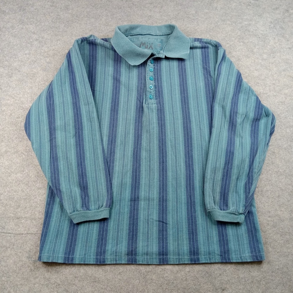 Mix Polo Shirt Mens Large Green Stripe 100% Cotton Long Sleeve Made In USA